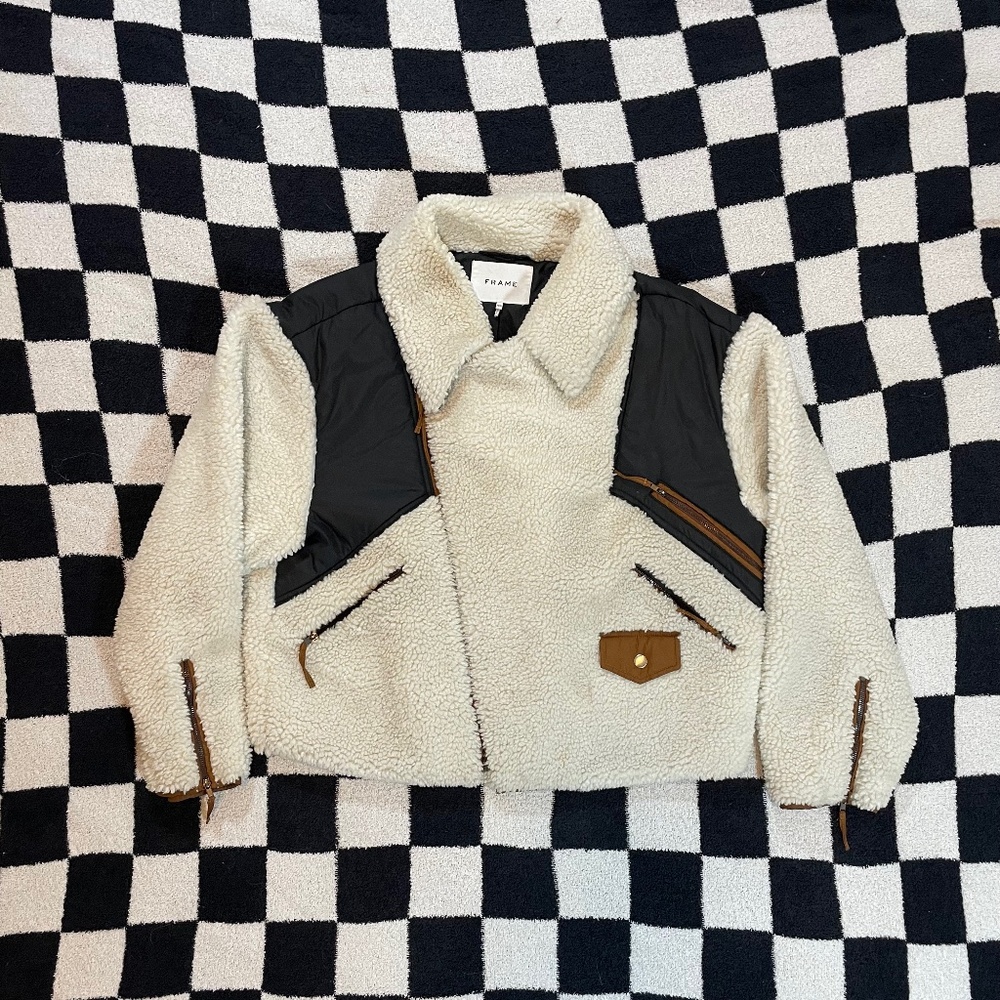 frame sherpa fleece moto jacket cream and black size medium